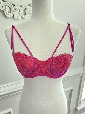 Victoria's Secret Very Sexy Strappy Lace Balconette Push-Up Bra 36C Pink Orange